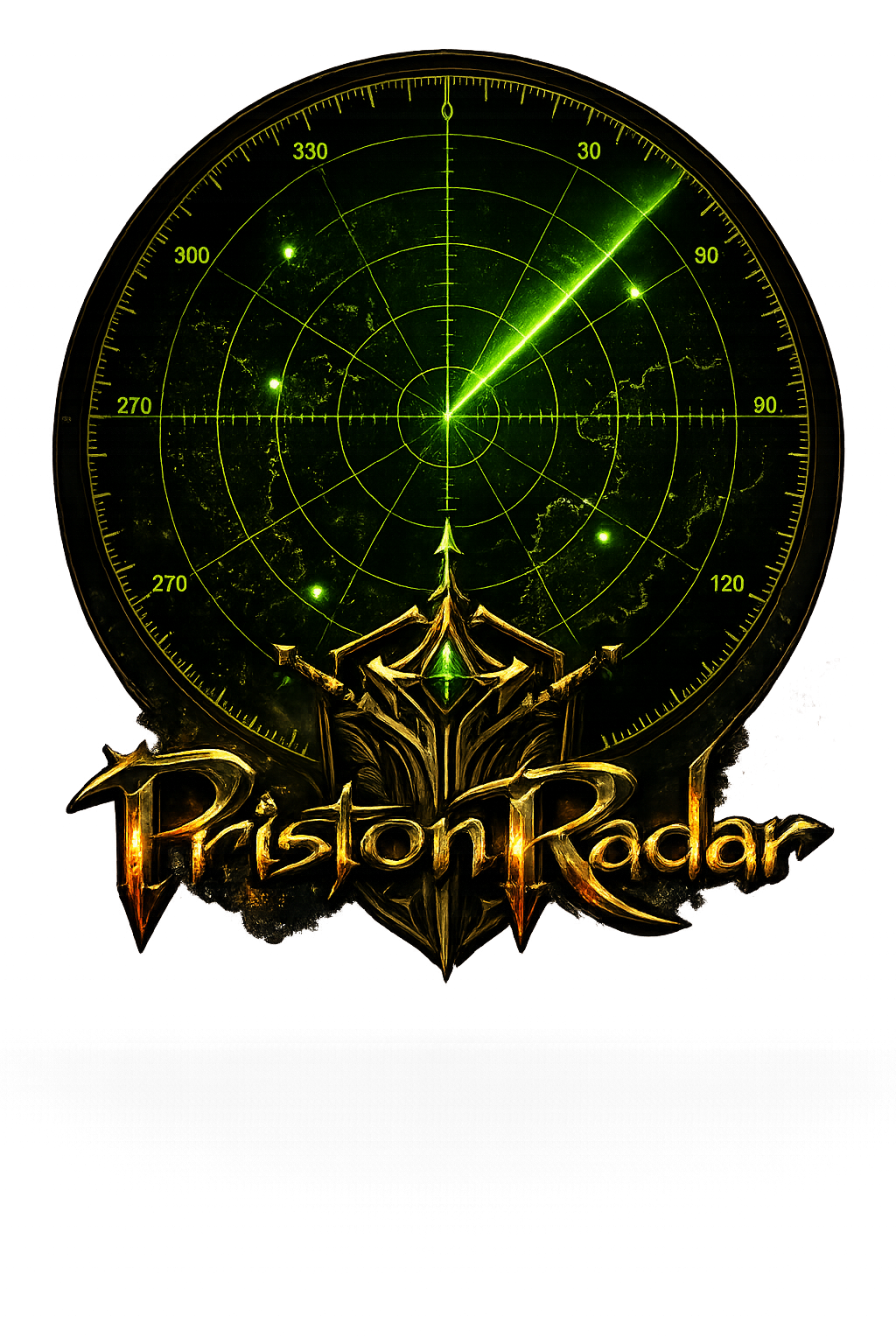 Priston Radar — logo com radar verde e escudo dourado entalhado